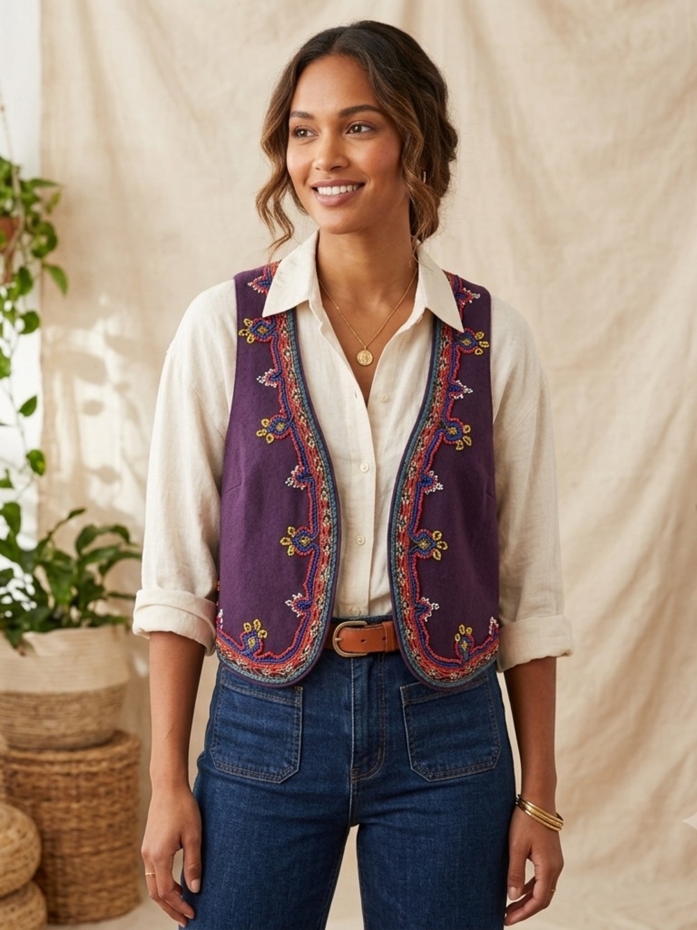 Flying Tomato Purple Beaded Embroidery Wool Blend Vest Boho Western Women’s S